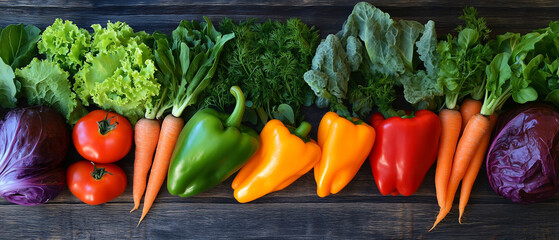 Fresh Vegetables Assortment   Red Cabbage  Bell Peppers  Tomatoes  Carrots  Greens on Wooden Background