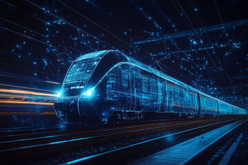 Abstract digital background banner featuring a train with data connection elements in blue and black colors