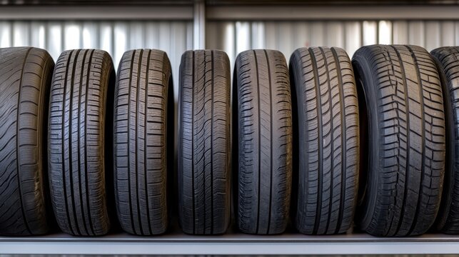 A row of black car tires on a storage shelf. Each tire shows a different tread pattern and wear level. Ideal for automotive blogs or tire retail websites. AI
