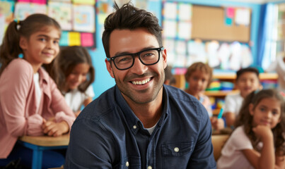 Portrait of smiling male teacher in a class at elementary school looking at camera with learning students on background copy scace --ar 5:3 --v 6 Job ID: 23404b60-4b82-4e3f-bd43-fdd414724f63