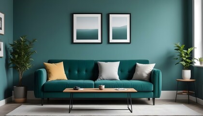 Interior mockup In a white room a blue sofa is placed next to a photo frame on the wall