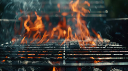 Flames dance above a charcoal grill during a summer barbecue