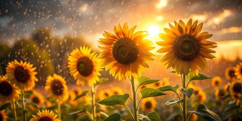 Obraz premium Moody golden hour sunflowers swaying gently amidst rain-soaked petals, droplets glistening on leaves, soft focus background, warm colors, nostalgic tone, shallow depth of field, overcast sky.