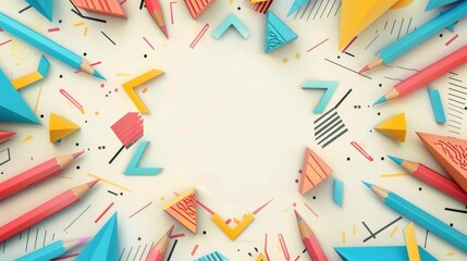 Variety of geometric shapes and colored pencils