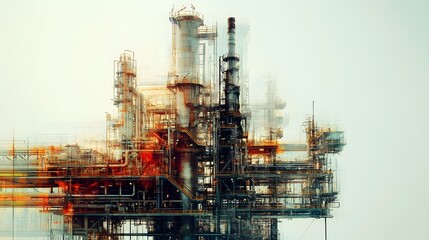 A large industrial building with many pipes and a lot of smoke. The building is very tall and has a lot of detail. Scene is industrial and somewhat ominous