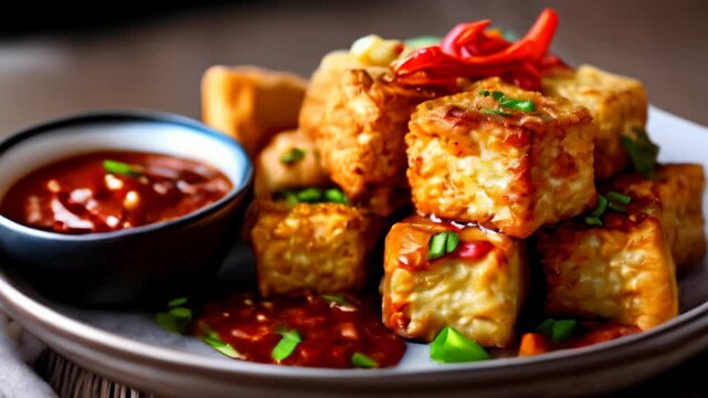  Deliciously crispy tofu cubes with a spicy sauce ready to be savored