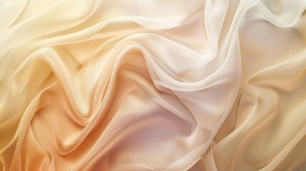 Fototapeta premium Close-up of a draped fabric with a smooth texture and a gradient of beige to pale pink. The fabric appears to be a type of sheer or chiffon, with a soft, flowing quality