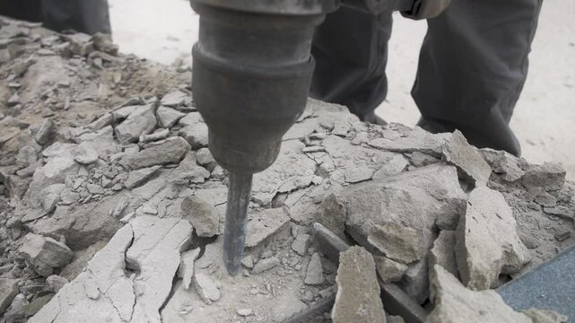 Video 4k. A detailed look at construction work where a jackhammer is used to break down concrete, showcasing the sturdy tool and the scattered chunks of rubble in an active site, highlighting the labo
