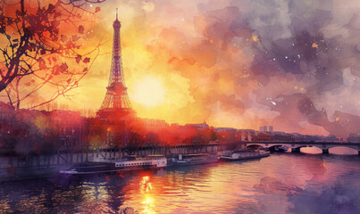 Watercolor The main attraction of Paris and all of Europe is the Eiffel tower in the rays of the setting sun on the bank of Seine river