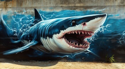 Naklejka premium Mur avec graffiti représentant un grand requin blanc coloré, illusion d'optique, street art.