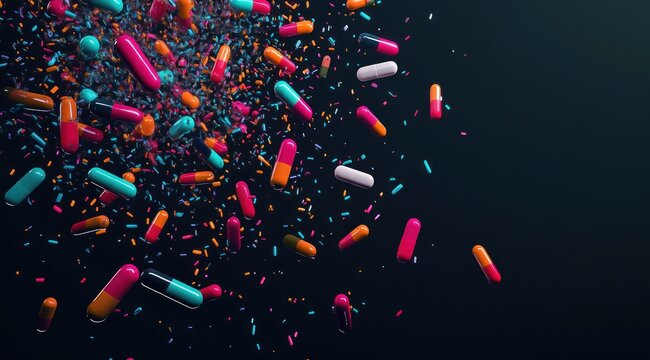 Comprim&eacute;s et g&eacute;lules color&eacute;s tombant sur un fond sombre, mouvement et dynamisme, concept m&eacute;dical et de sant&eacute;.