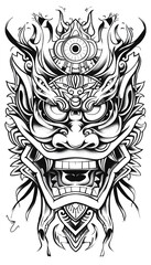 Obraz premium Tribal Hyottoko Mask Tattoo black and white illustration