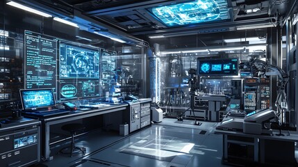 Obraz premium Futuristic Laboratory with Advanced Technology and Digital Interfaces.