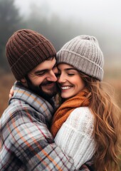 Fototapeta premium Portrait d'un jeune couple dans le froid de l'automne, homme et femme souriant, amoureux et heureux portant tenue chaude avec bonnet.