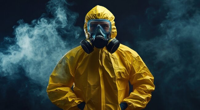 Homme en combinaison jaune de protection pour des mati&egrave;res toxiques portant un masque &agrave; gaz sur fond sombre avec de la fum&eacute;e.