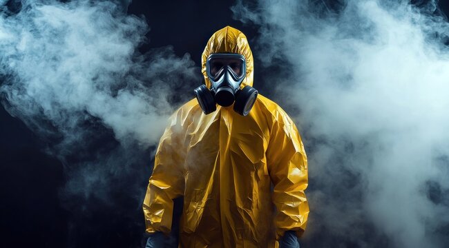 Homme en combinaison jaune de protection pour des mati&egrave;res toxiques portant un masque &agrave; gaz sur fond sombre avec de la fum&eacute;e.
