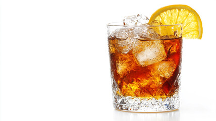 Refreshing glass of iced dark beverage garnished with a slice of lemon set against a bright white backdrop