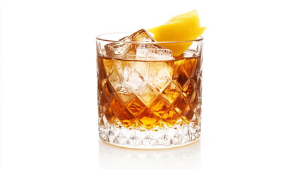 A refreshing whiskey cocktail served in a beautifully patterned glass, garnished with a lemon slice under warm evening light