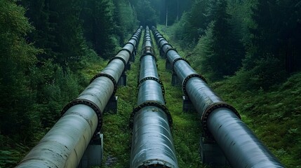 Three long pipes are shown in a forest. The pipes are made of metal and are surrounded by green grass. Concept of industrialization and the impact of human activity on the natural environment