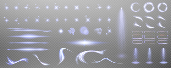 Set of realistic vector blue stars png. Set of vector suns png. Blue flares with highlights. Horizontal light lines, laser, flash.	