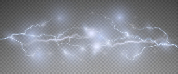 Realistic lightning flash effect, thunderstorm and lightning. Shining white lightning isolated on transparent background, natural phenomenon png.
