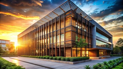 Obraz premium Moody sunrise backlight casts dramatic shadows on modern wooden slat exterior office building amidst lush greenery with blurred background cityscape in warm golden tones