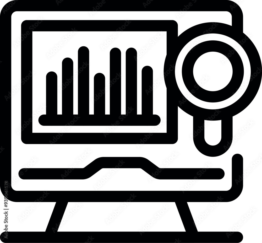 Poster software is analyzing financial data and showing a bar chart with a magnifying glass representing bu