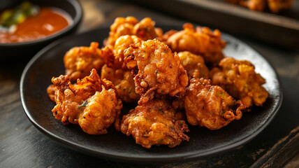 Fototapeta premium Golden-brown fritters served on a black plate with tangy dipping sauce, perfect for an evening snack or gathering with friends