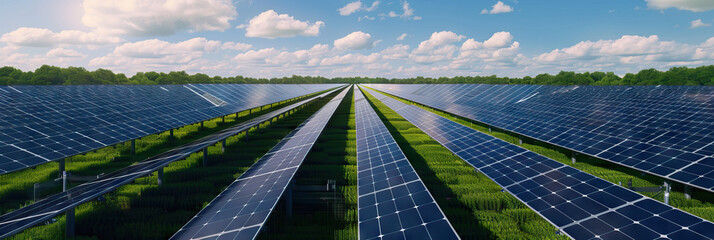 Solar Slicing: A large field of photovoltaic panels, with a laser cleaning system in action, ensuring maximum efficiency.