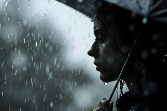 Mujer triste con un paraguas bajo la lluvia. 