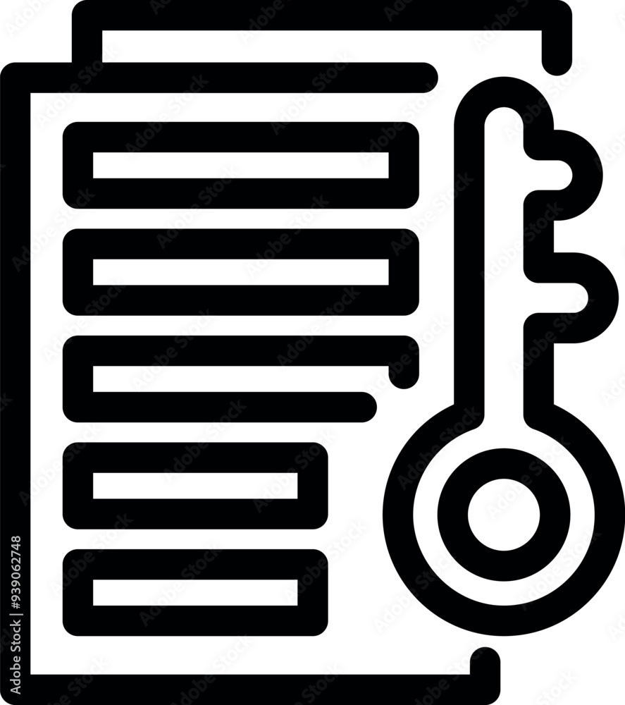 Poster black icon of a document with text lines and a key representing kpi for business analysis