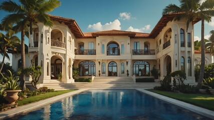 Fototapeta premium The Pinnacle of Seaside Luxury: Grand Mansion with Pool
