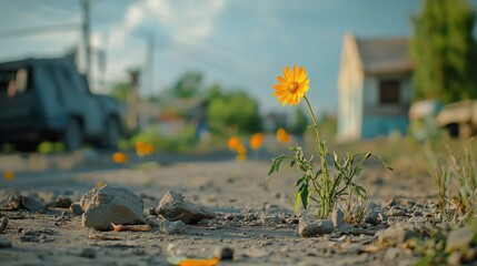 Convergence of love and war, a battlefield where flowers bloom among the debris