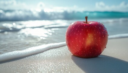 A red apple is lying on the beach, surrounded by white foam from the sea.