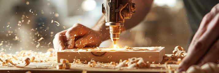 A skilled woodworker, using a miniature laser engraver to create intricate designs on a wooden block.