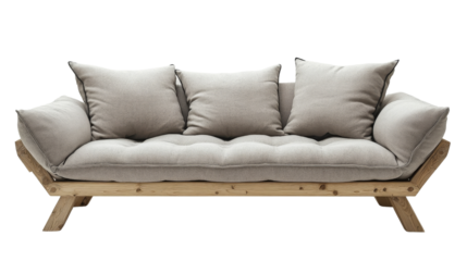 A Scandinavian-style sofa with light wooden frame and soft, muted gray cushions, exuding warmth and functionality, ideal for a cozy isolated on transparency background PNG