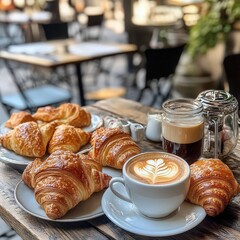 Petit déjeuner français, avec croissant, café et jus de fruit