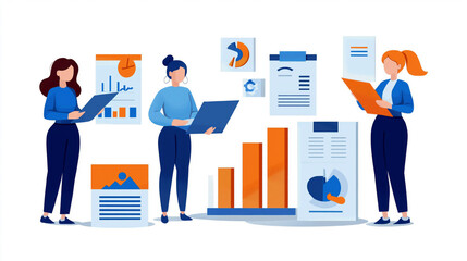 Three individuals are working with laptops and documents surrounded by various charts and graphs. Their environment suggests a focus on data analysis and business reporting.AI generated.