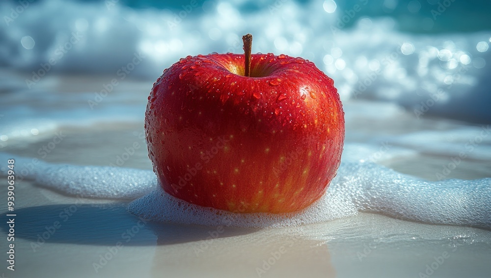 Wall mural A red apple is lying on the beach, surrounded by white foam from the sea.