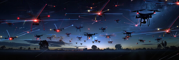 A dazzling display of aerial drones, illuminated by their integrated laser pointers.