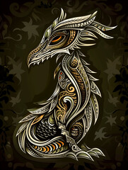 Obraz premium A dragon with a long tail and a large head. The dragon is sitting on a dark background