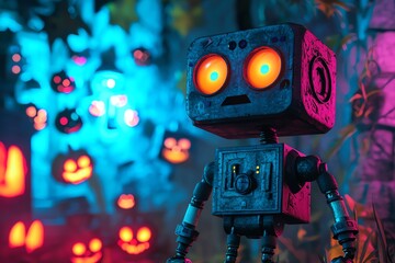 A whimsical robot stands against a colorful Halloween backdrop, featuring glowing pumpkins and vibrant lighting effects.
