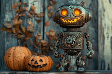 A whimsical robot with glowing eyes stands beside Halloween pumpkins, set against a rustic wooden backdrop, capturing autumn charm.