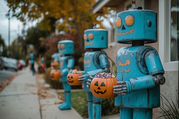 Obraz premium A whimsical scene of colorful robot decorations holding candy pumpkins, perfect for Halloween festivities and autumn vibes.