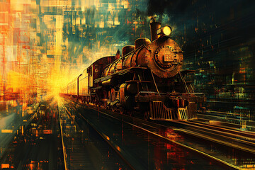 Obraz premium Abstract digital background depicting a train in motion, highlighting the speed and dynamic energy of modern transportation