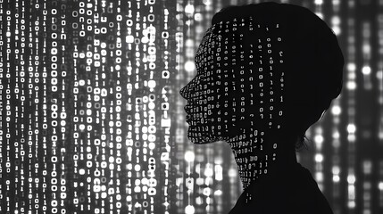A black and white silhouette with binary code in the background, representing computer coding or digital technology