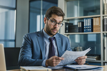 Fototapeta premium Work in office - Businessman with paperwork holding documents in office - a stressed businessman