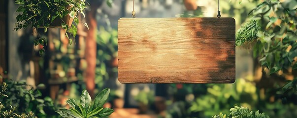 A detailed image of a blank wooden hanging sign in front of a charming garden shop, surrounded by realistic greenery, perfect for showcasing natural branding and empty store signage.