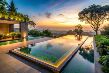 Sleek modern infinity pool installation at twilight with LED lights, lush greenery, and misty atmosphere exuding serene luxurious ambiance in warm neutral tones with subtle shadows.