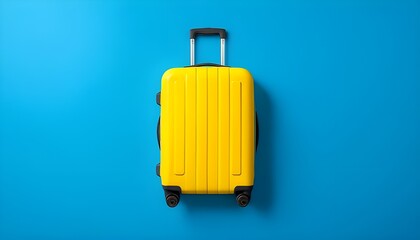 Yellow suitcase on a blue background. Travel and vacation concept in triples. Flat lay, top view
